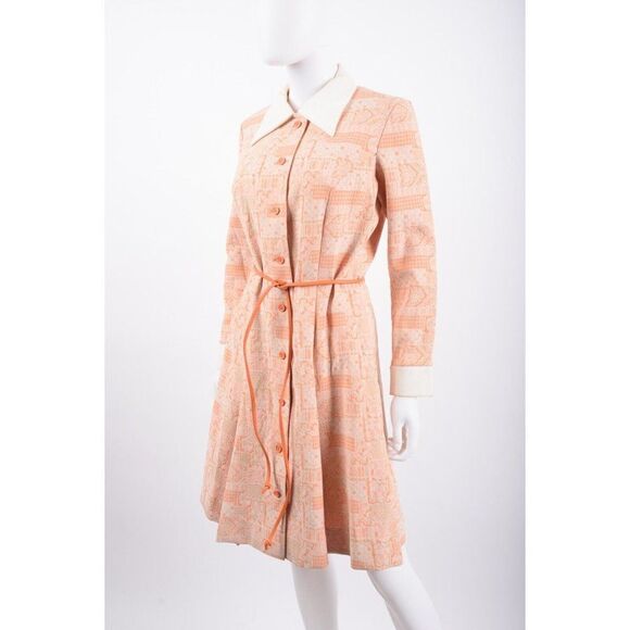 Vintage Womans Shirt Dress M textured Orange White Pointed Collar Kick Pleats - Picture 3 of 6